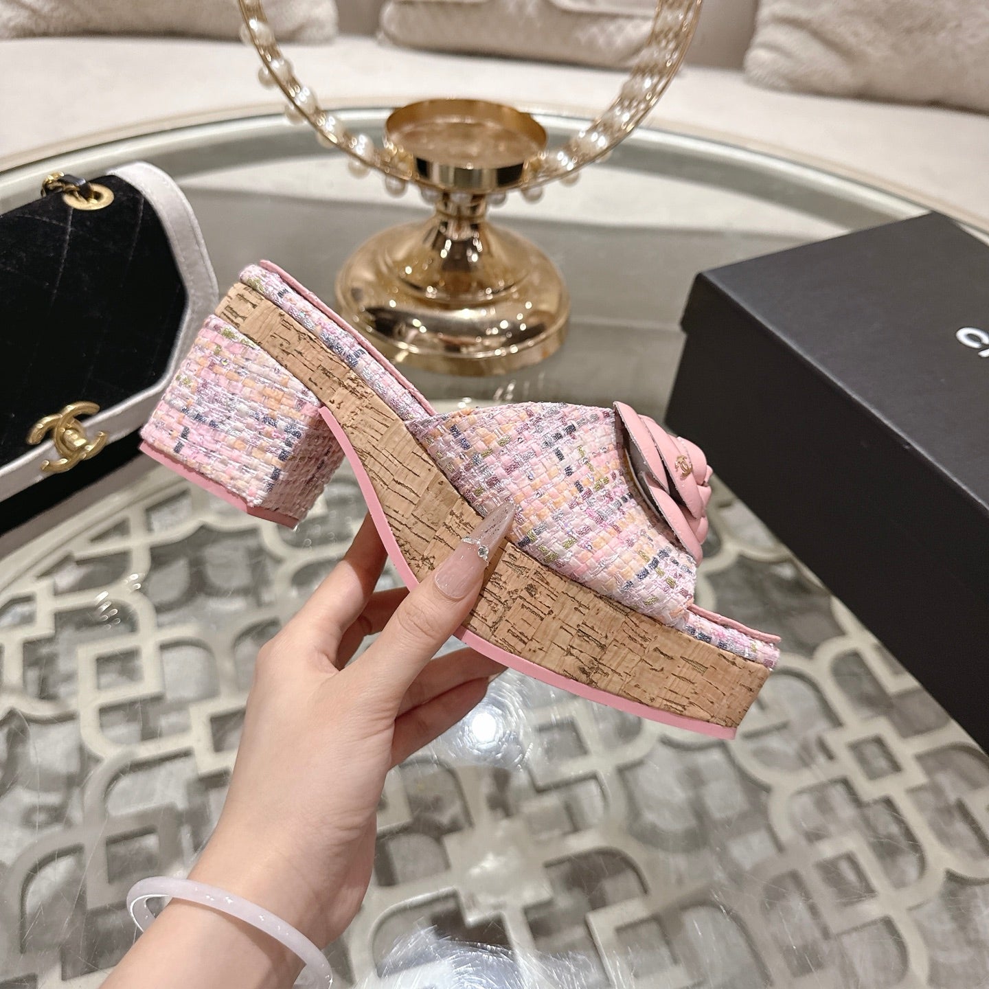 CC 26s Camellia Platform Slippers 65 Pink Tweed Leather 627057