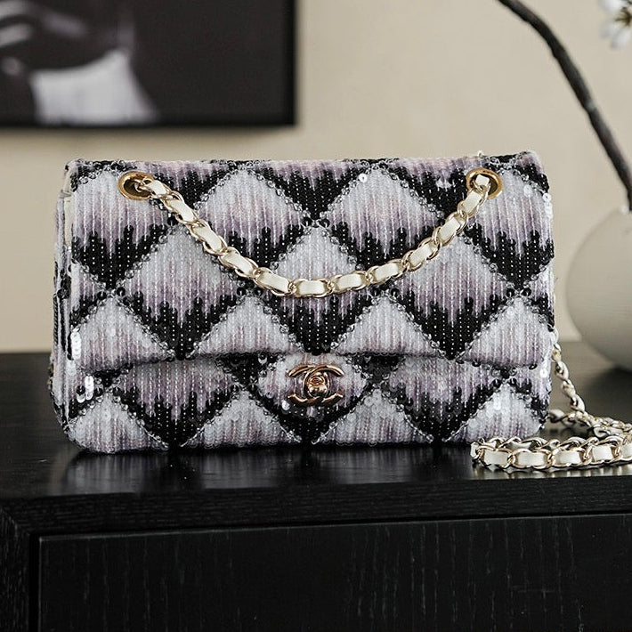 Chanel 2026 Flap Bag 25.5cm Black White Purple Sequin Leather 339086