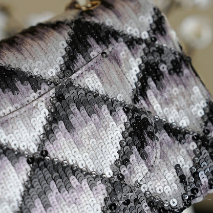 Chanel 2026 Flap Bag 25.5cm Black White Purple Sequin Leather 339086