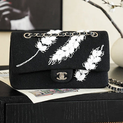 Chanel 2026 Wheat Embroidery Bag 25.5cm Black Velvet Leather
