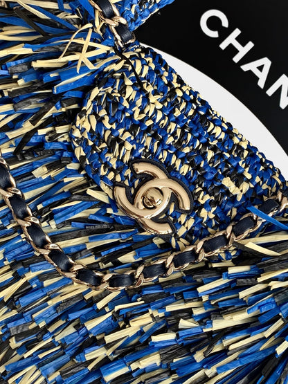 Chanel 2026 Bag 19cm Blue Black Yellow Raffia Leather