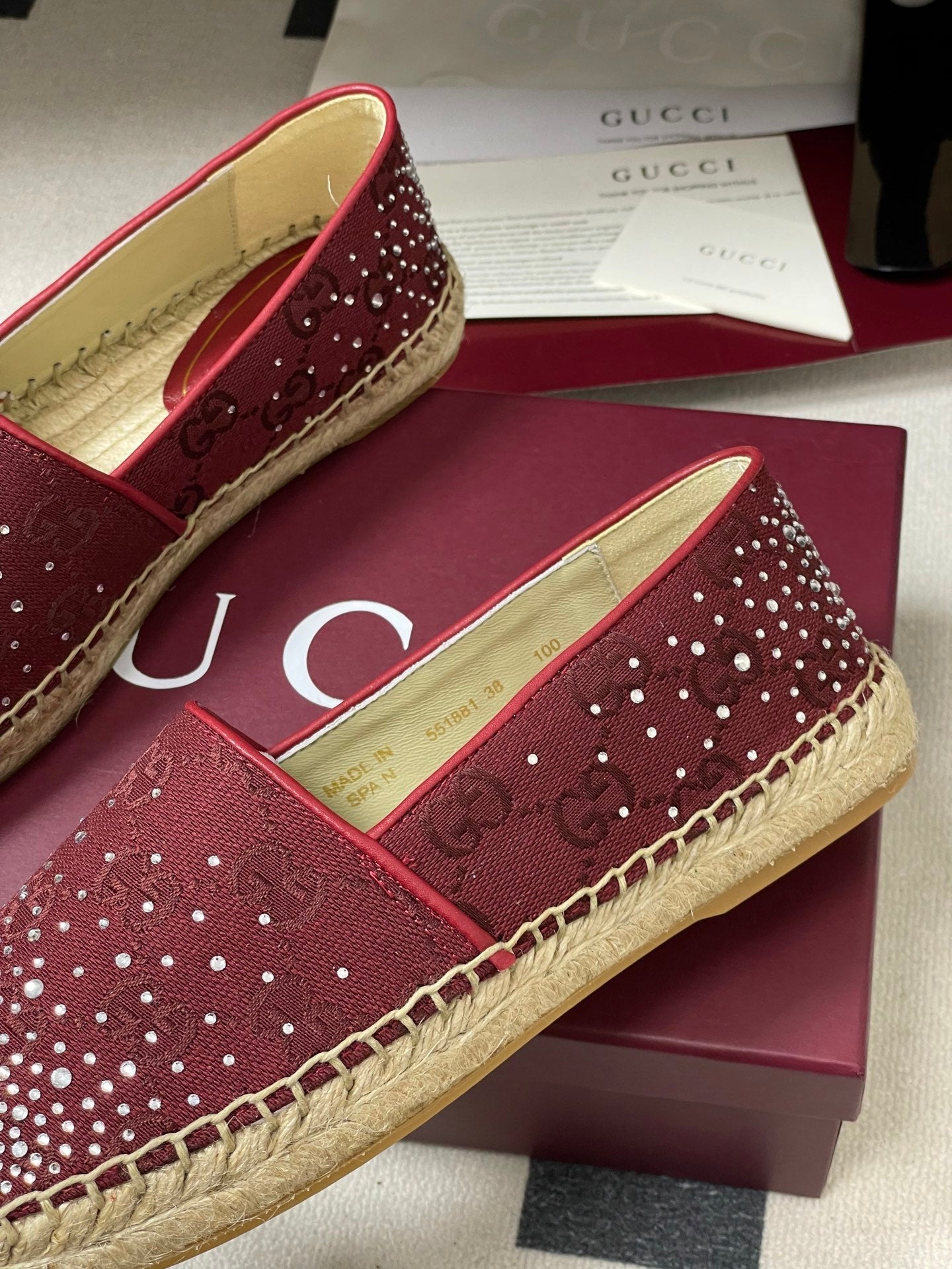 GG 26ss Slip-on Loafers Rhinestones Red Double G Canvas