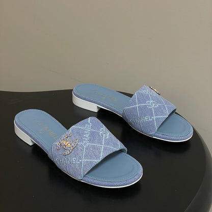 CC 26s Flat Sandals Blue Canvas Sheepskin Double C 649506