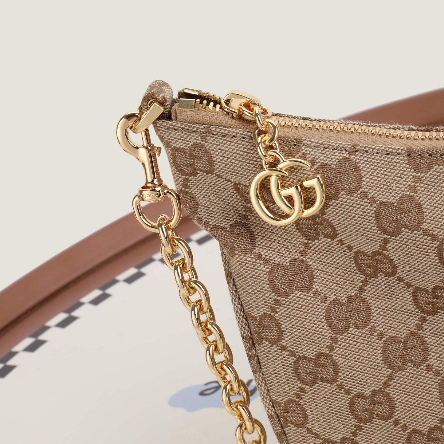 Gucci 2026 Lady Lunetta Chain Shoulder Bag Brown Canvas Leather