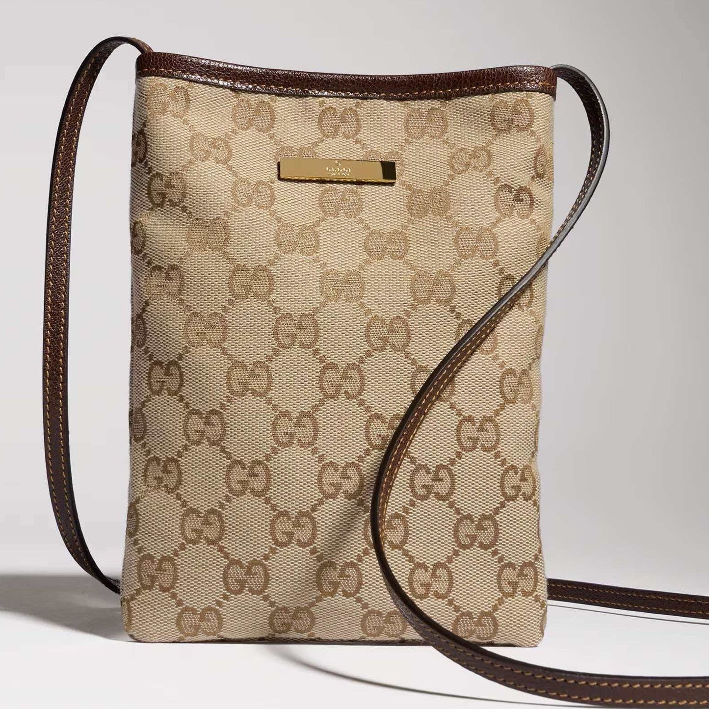 Gucci 2026 Phone Pouch with Strap 20cm Sand mix Brown Canvas Leather