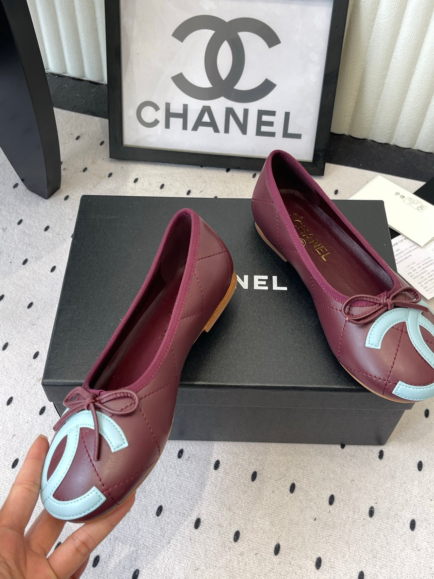 Chanel Cambon Ballet Flat Burgundy Blue Sheepskin 415674