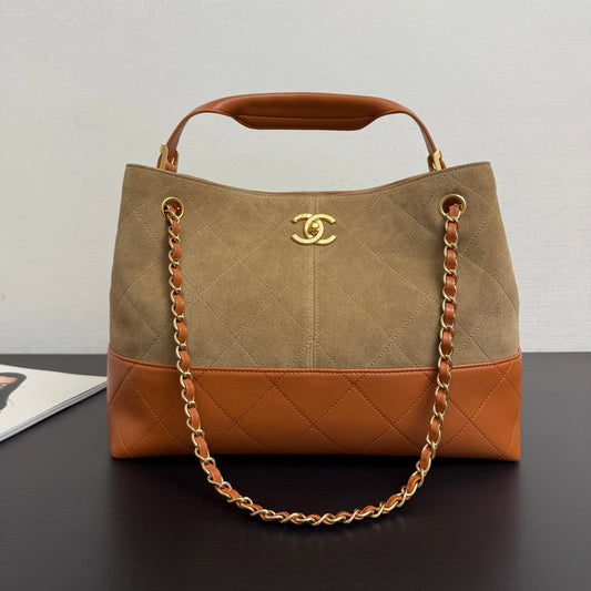 Chanel 2026 Quilted Shopping Bag 35cm Beige Brown Suede Leather