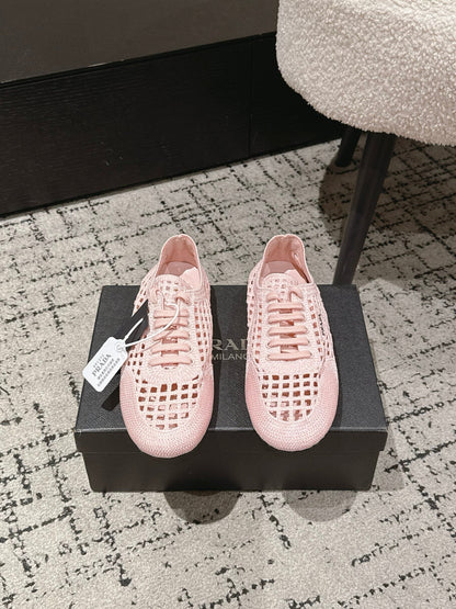 Prada 2026 Women's Collapse Crochet Laced Sneakers Sheepskin 770902