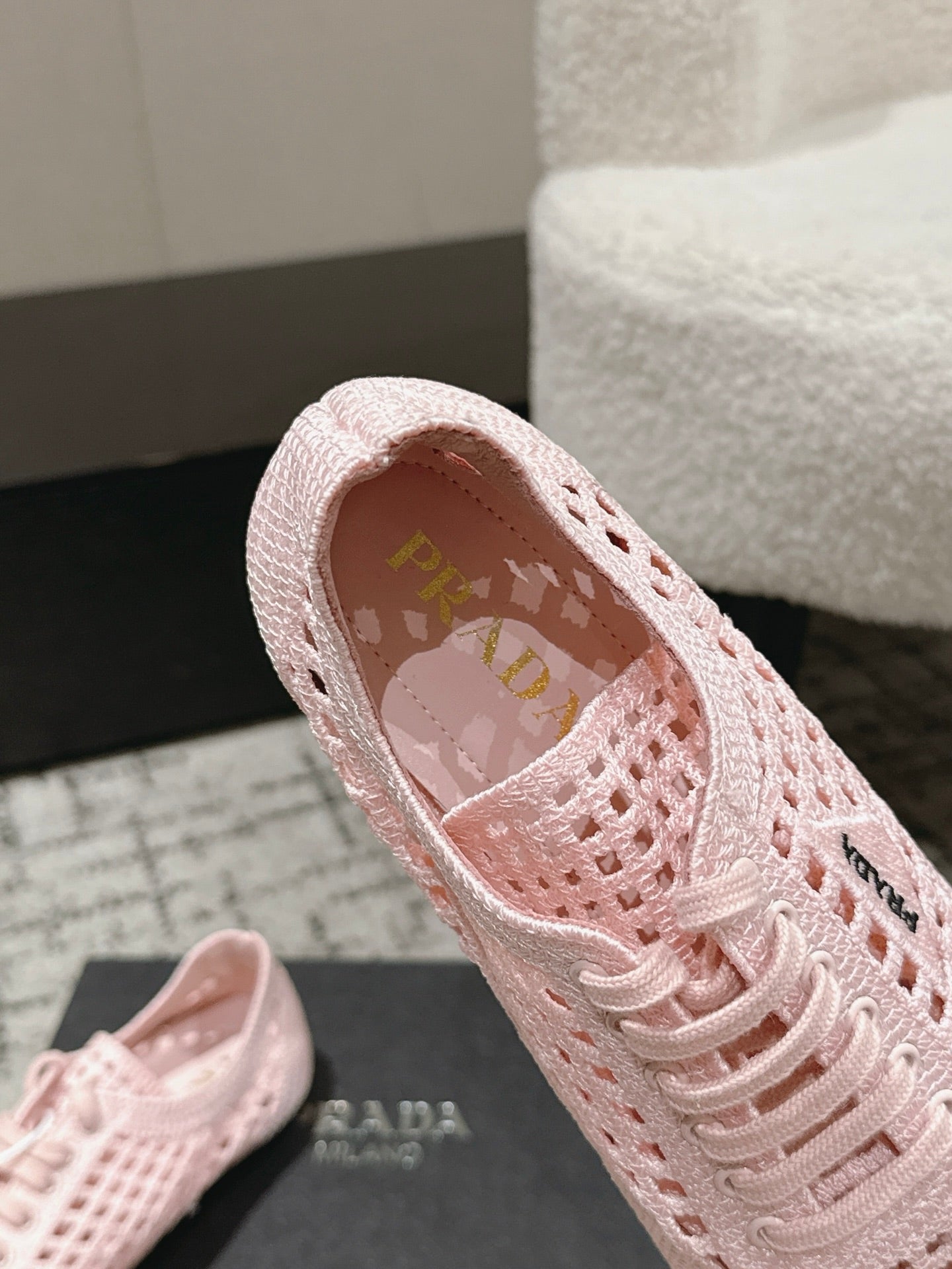 Prada 2026 Women's Collapse Crochet Laced Sneakers Sheepskin 770902