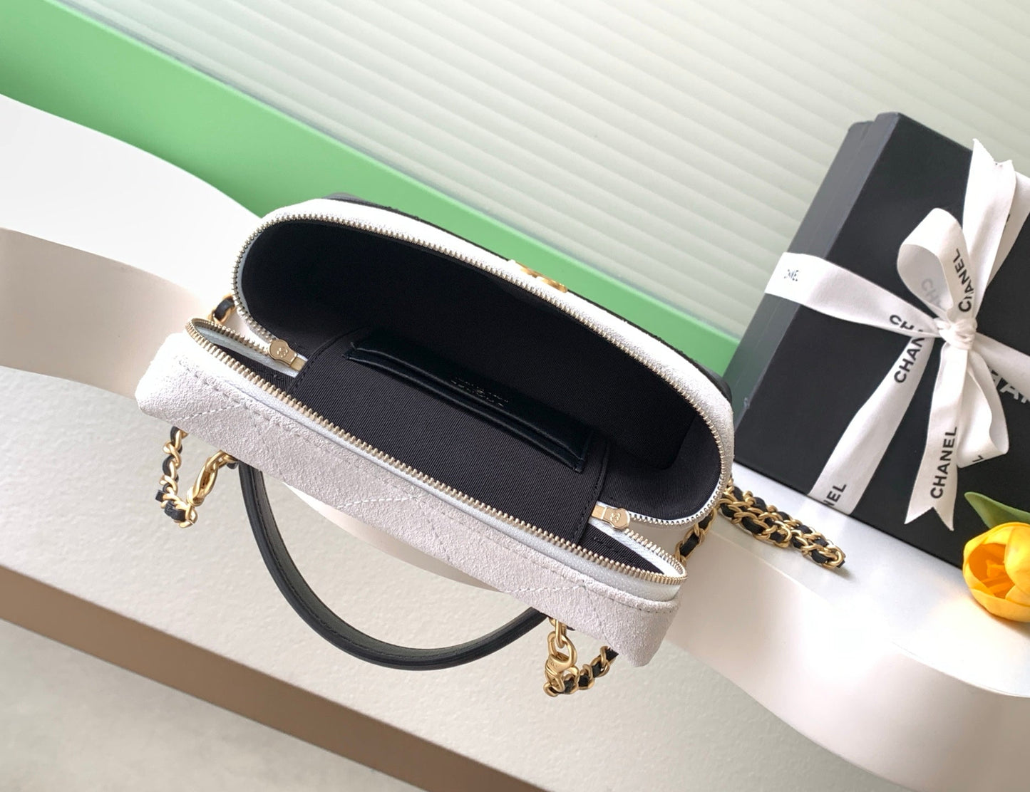 Chanel 2026 Vanity With Chain 19.5cm White Black Suede Lambskin 348254