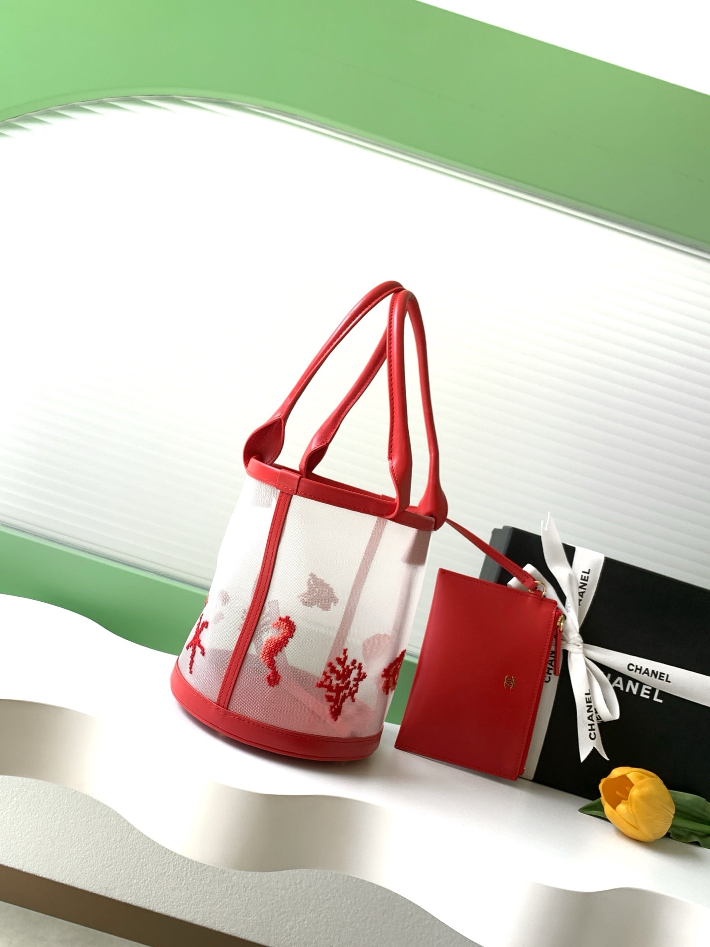 Chanel 2026 Tote Bag 31cm Red White Mesh Leather 367728
