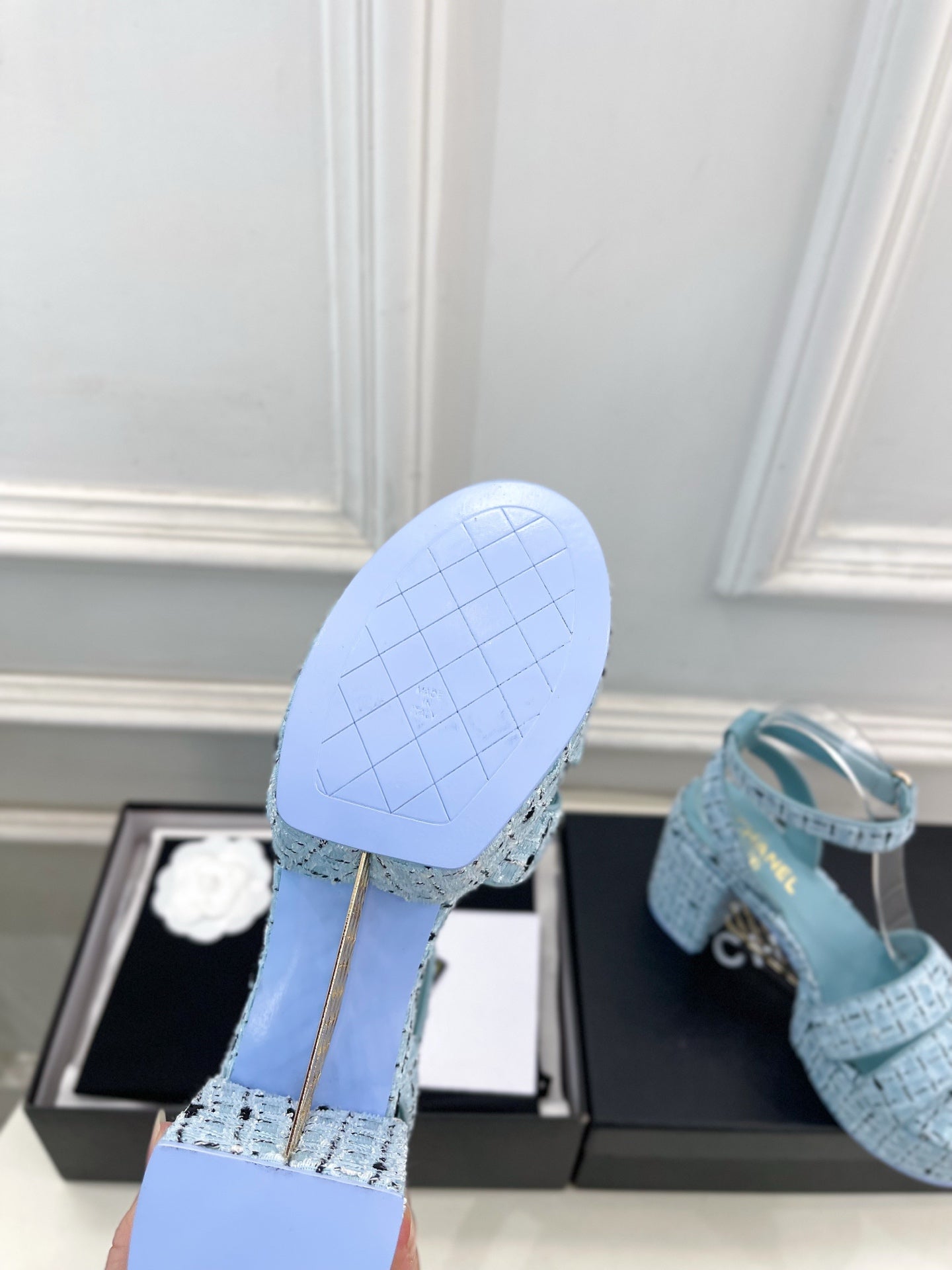 CC 26s HighHeeled Platform Sandals 85 Light Blue Tweed 631865