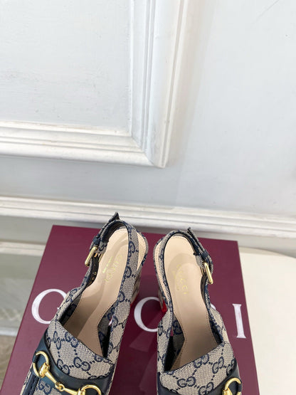 GG 26SS Platform Sandals 130 Gray Blue Monogram Fabric Sheepskin 640266
