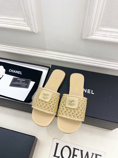 Chanel 2026  Woven Flat Slippers Leather Sheepskin 831405