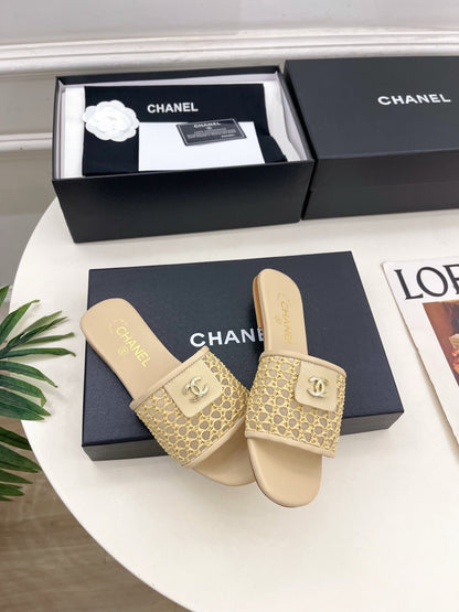 Chanel 2026  Woven Flat Slippers Leather Sheepskin 831405